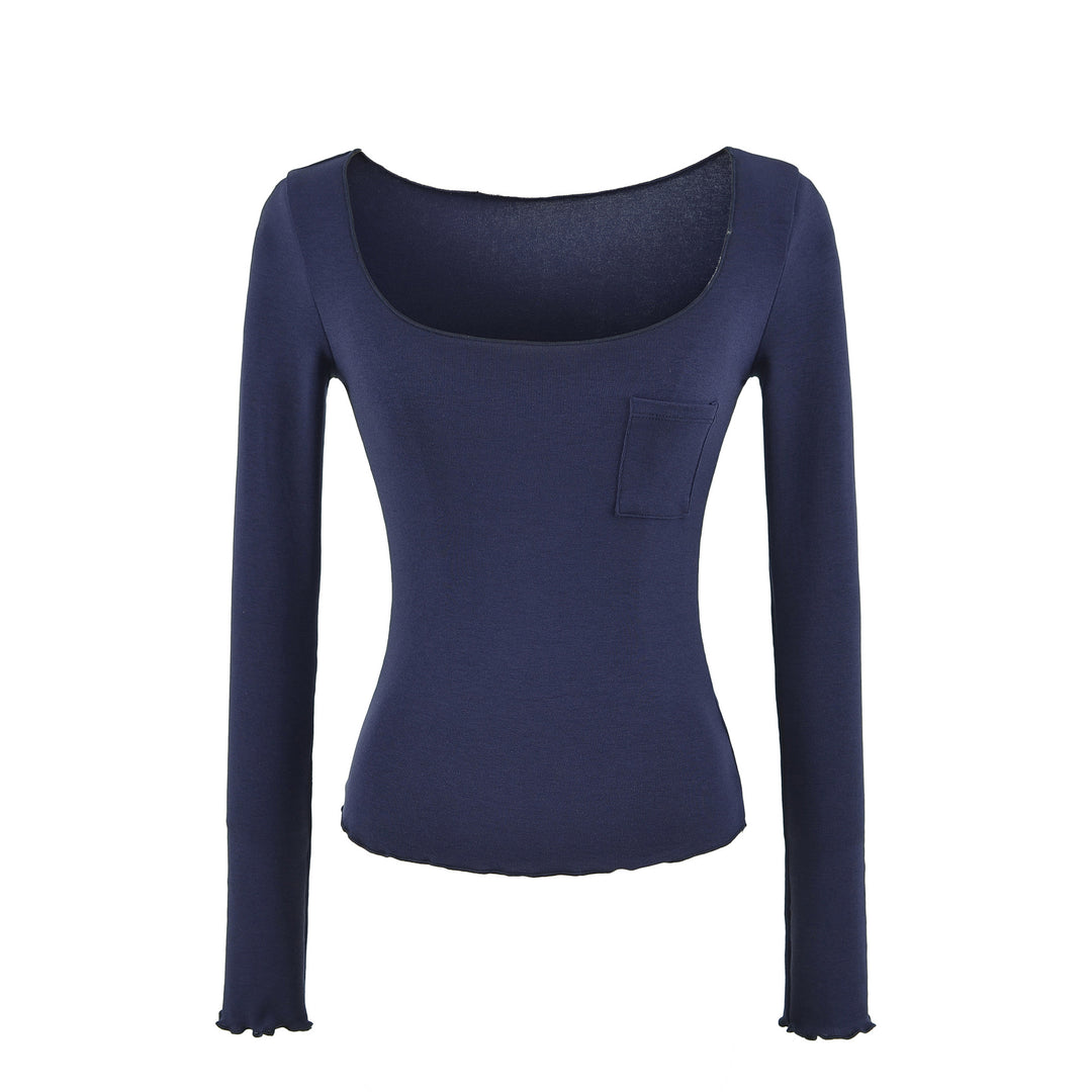 Women's fitted ribbed long-sleeve shirt with wide square neckline and chest pocket Mune Fashion