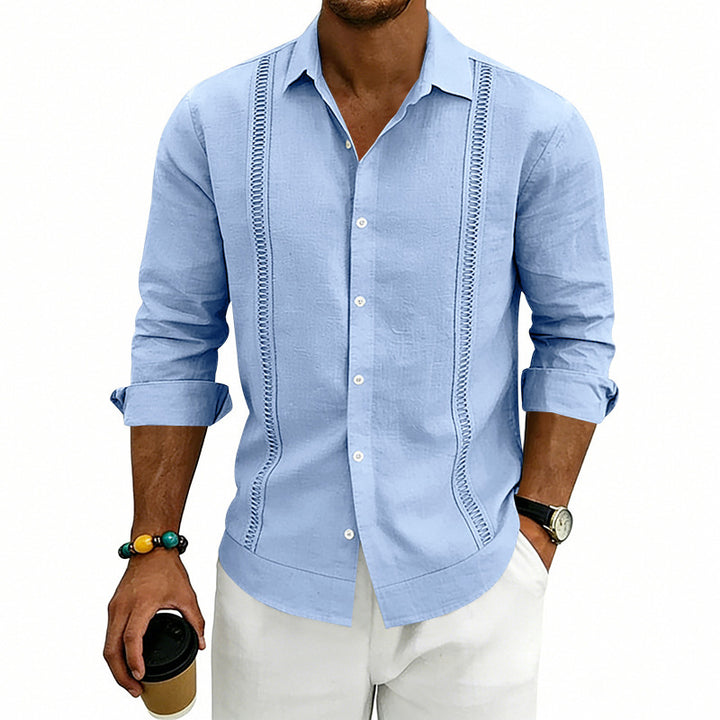 Men's Lightweight Cotton Long Sleeve Shirt with Decorative Stitches and Kent Collar Mune Fashion