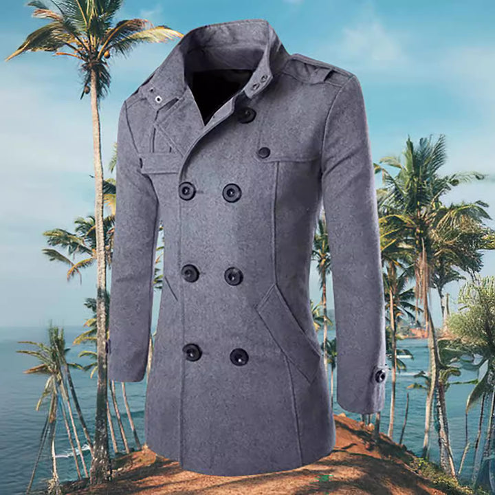 Men's Double-Breasted Peacoat with Stand Collar, Shoulder Straps, and Tailored Silhouette Mune Fashion