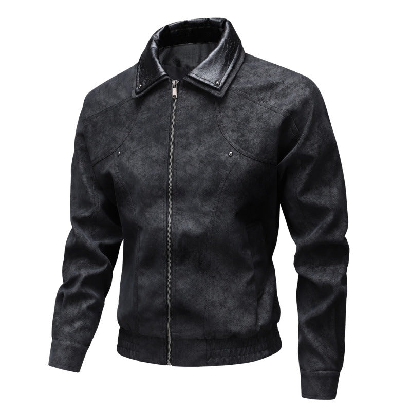 Men's Vintage-inspired Faux Leather Blouson Jacket with Contrast Collar Mune Fashion