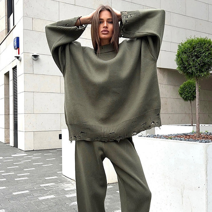 Women's Oversized Knit Set made of Fine Knit with Destroyed Hem, Wide Sweater and Casual Slip-On Pants Mune Fashion
