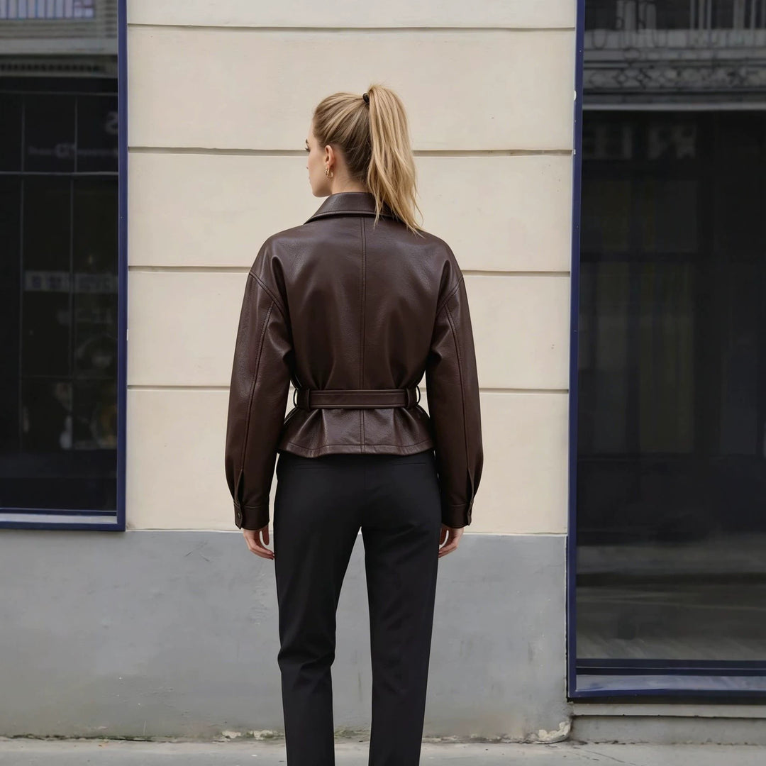 Ladies Fashion Leather Jacket with Belt Mune Fashion