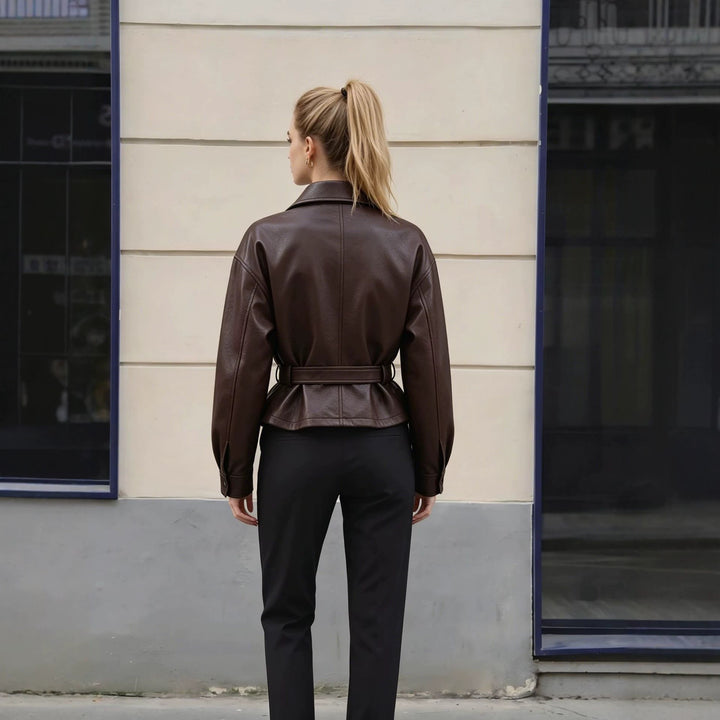 Women's leather jacket with waist belt and oversized cut Mune Fashion