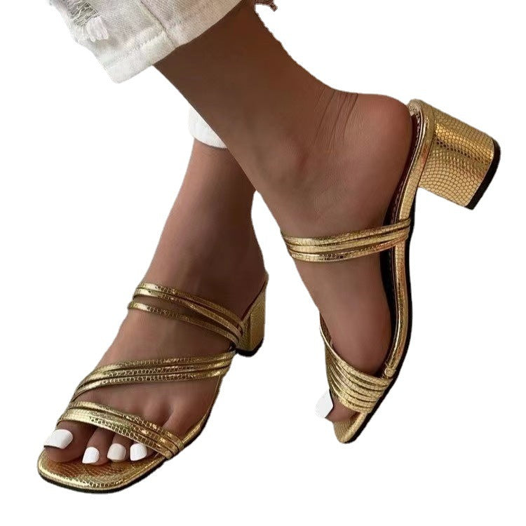 Ladies an elegant multi-strap mule with mid-high block heel and snake print Mune Fashion