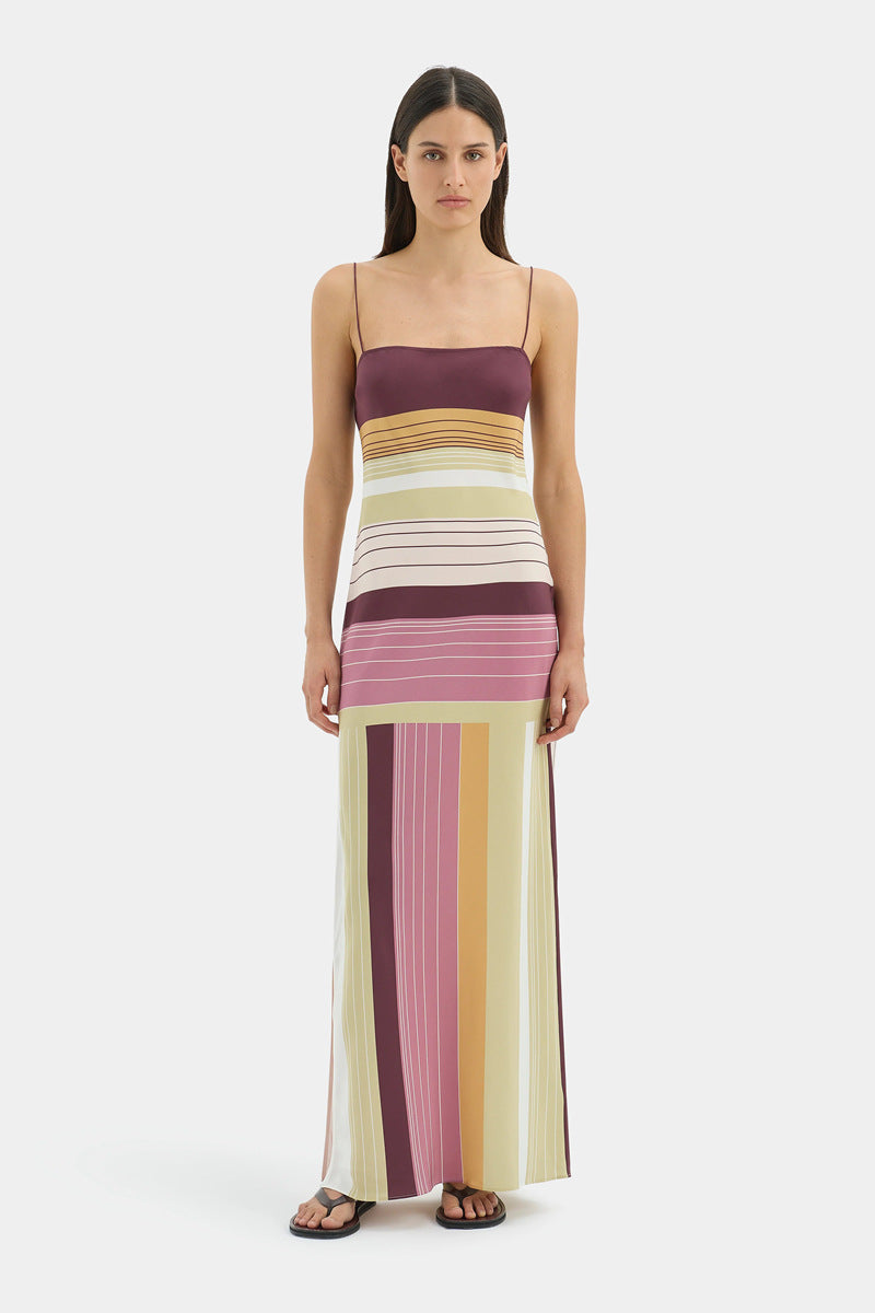 Women's figure-hugging maxi dress with spaghetti straps, straight neckline, panel stripes, and side slit Mune Fashion