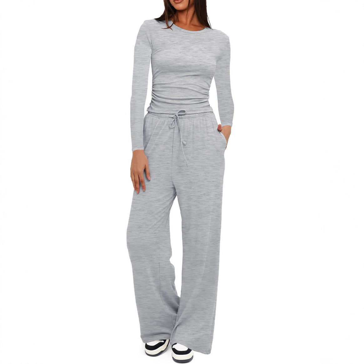 Women's Figure-Hugging Long Sleeve with Side Gathering and High-Waist Palazzo Jogging Pants Set Mune Fashion