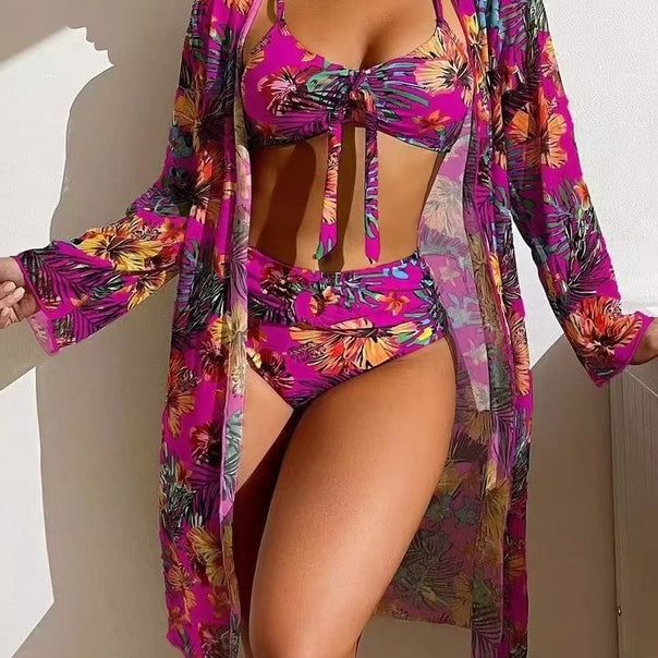 Ladies Bikini Set with Floral Patterns and Airy Kimono Jacket Mune Fashion