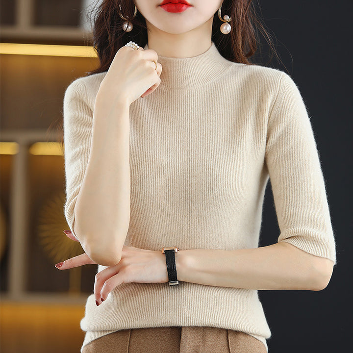 Women's Short Sleeve Fine Knit Sweater with Stand-Up Collar and Tailored Fit Mune Fashion
