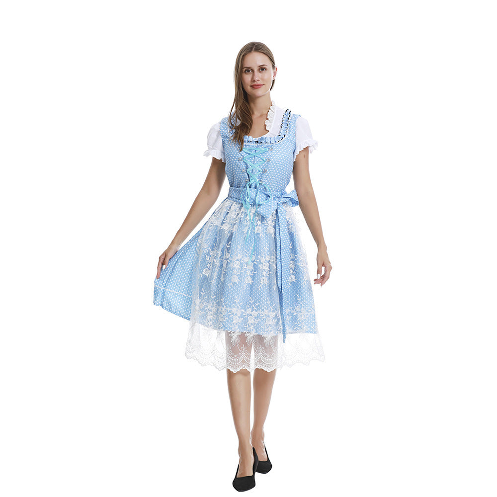 Women's romantic alpine dress with laced bodice, lace insert, and waist belt Mune Fashion