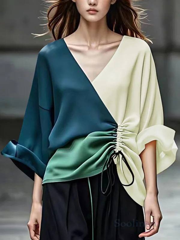 Women's blouse with V-neckline and side gathering cord
