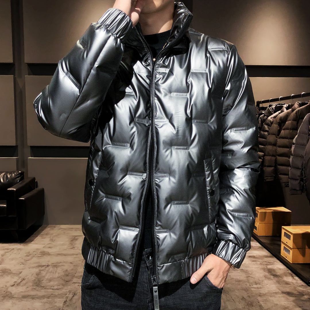 Men's Shiny Thermal Quilted Jacket with Square Quilt and High-Closing Stand-Up Collar Mune Fashion