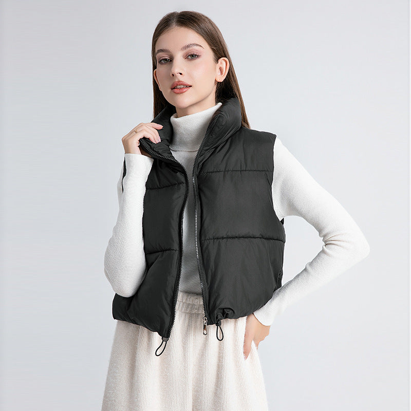 Women’s nan ultra-light short padded vest with high stand-up collar, two-way zipper and adjustable drawstring hem Mune Fashion