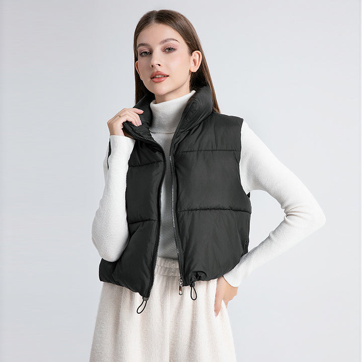 Women’s nan ultra-light short padded vest with high stand-up collar, two-way zipper and adjustable drawstring hem Mune Fashion