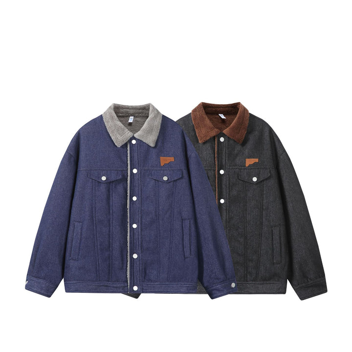 Men's Lined Denim Jacket with Teddy Collar, Snap Front and Utility Pockets Mune Fashion
