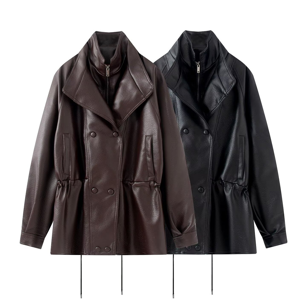 Women Double-breasted Faux Leather Jacket with Stand-up Collar, Wide Lapel and Drawstring Mune Fashion