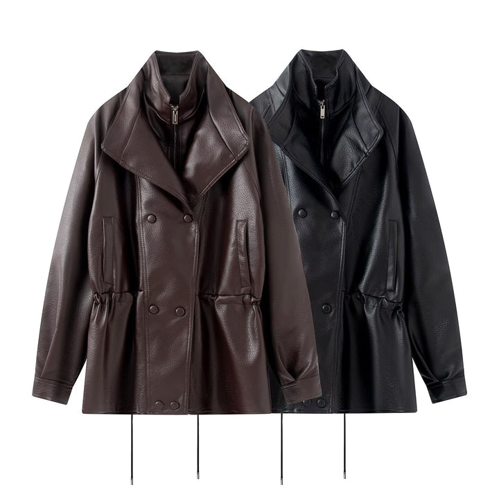 Women Double-breasted Faux Leather Jacket with Stand-up Collar, Wide Lapel and Drawstring Mune Fashion
