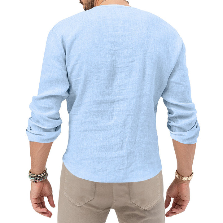 Men's relaxed linen tunic shirt with open slit collar and rounded hem Mune Fashion