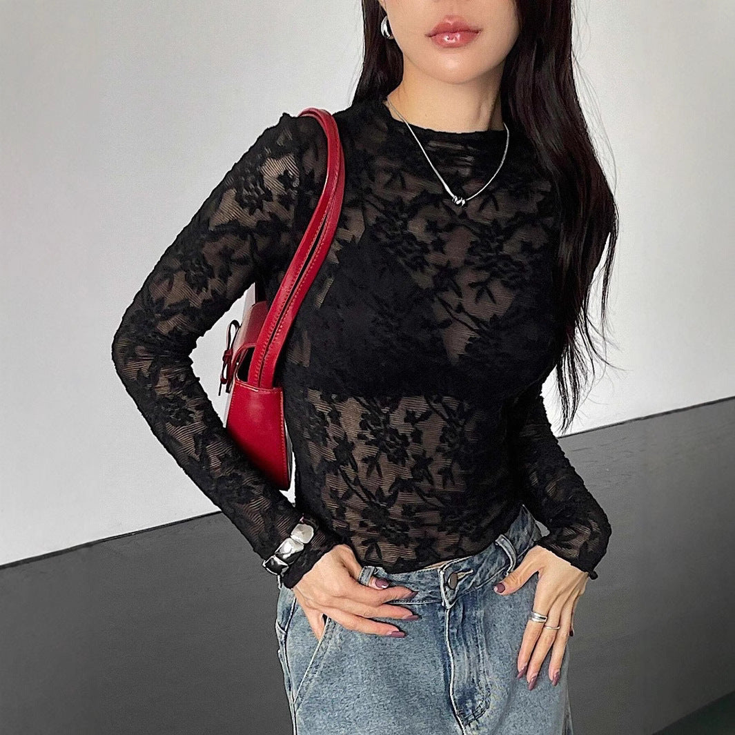 Women nan a fitted lace long-sleeve shirt with floral lace, slightly transparent and high collar Mune Fashion