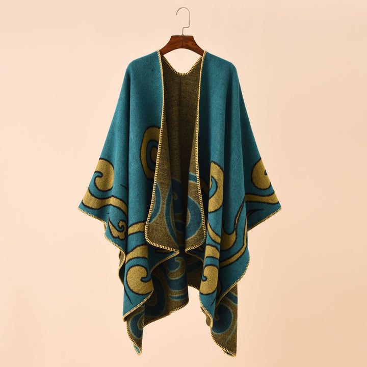 Women's Wool Blend Cape Poncho in Ruana Cut with Ornamental Intarsia Structure Mune Fashion