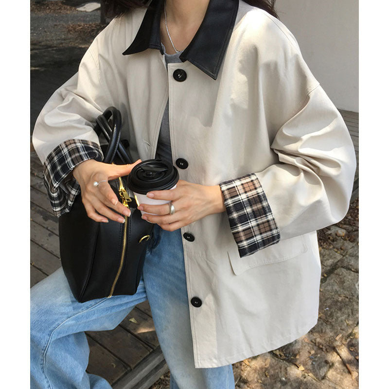 Women Oversized Trench Coat with Contrast Collar and Checked Cuff Umschlag Mune Fashion
