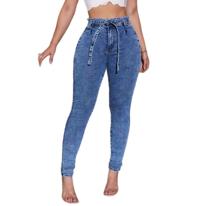 Women Paperbag High-waisted Skinny Jeans with Tie Belt Mune Fashion