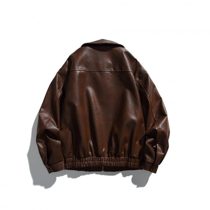 Men's short boxy leather look blouson jacket with shirt collar, front zipper and elastic hem Mune Fashion
