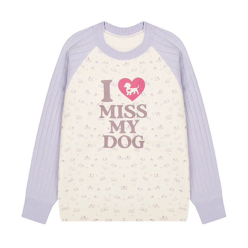 Women's knit sweater with raglan sleeves, allover dog motif and statement print Mune Fashion