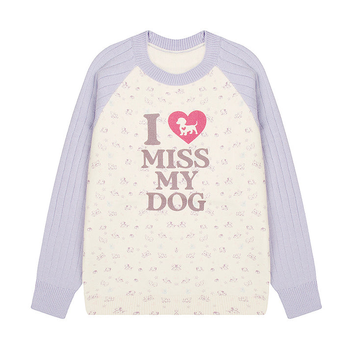 Women's knit sweater with raglan sleeves, allover dog motif and statement print Mune Fashion