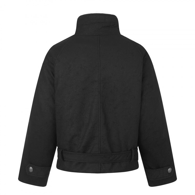 Men's short cut double-breasted aviator jacket with teddy lining, stand-up collar and waist belt Mune Fashion