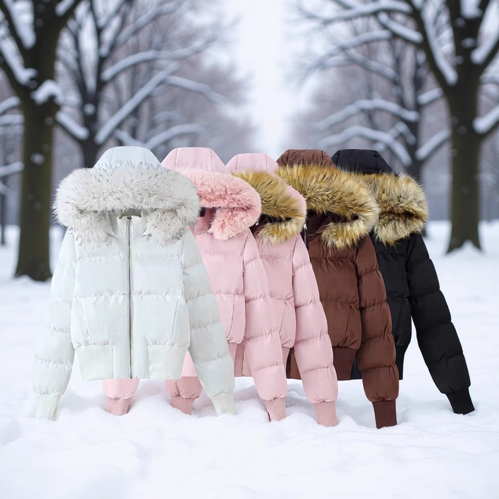 Women's Padded Cropped Bomber Jacket with Hood and Removable Faux Fur Trim Mune Fashion