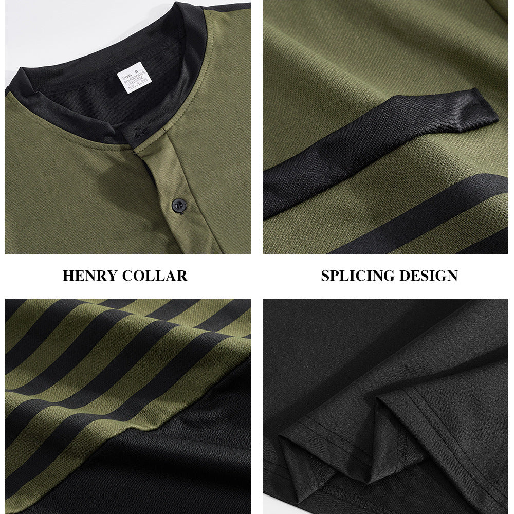 Men's modern long sleeve polo with Henley placket striped chest part and stand-up collar Mune Fashion