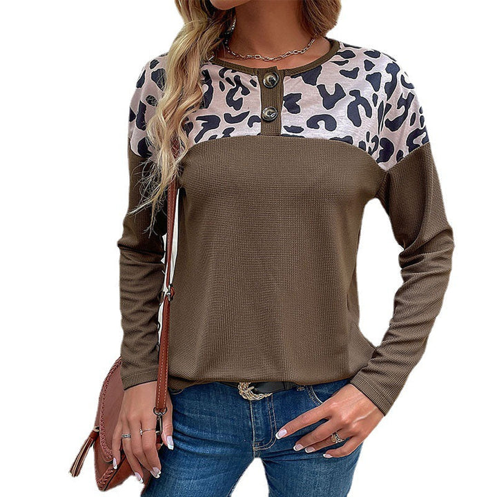 Women's Long-Sleeved Waffle Knit Shirt with Leopard Print Shoulder and Button Placket Mune Fashion