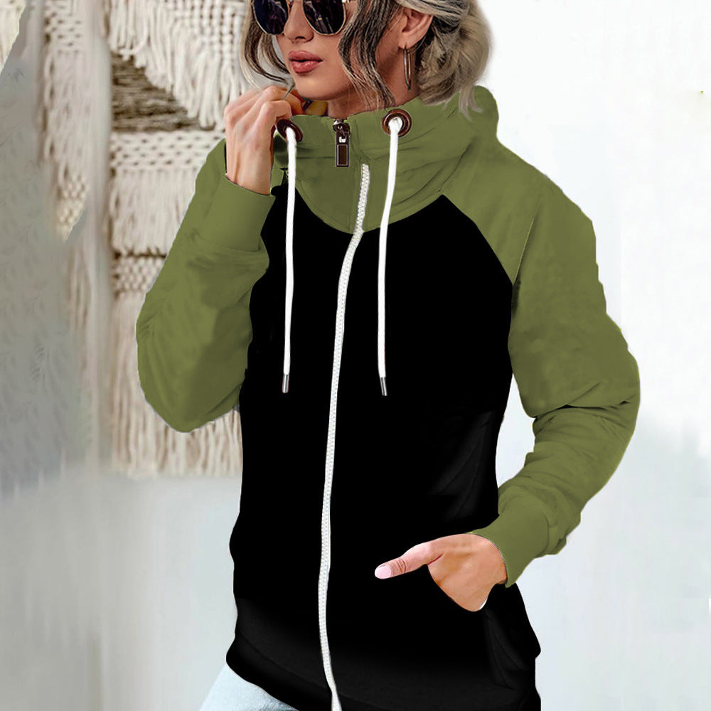 Women's hooded jacket with high stand-up collar, full-length zipper, and raglan sleeves Mune Fashion