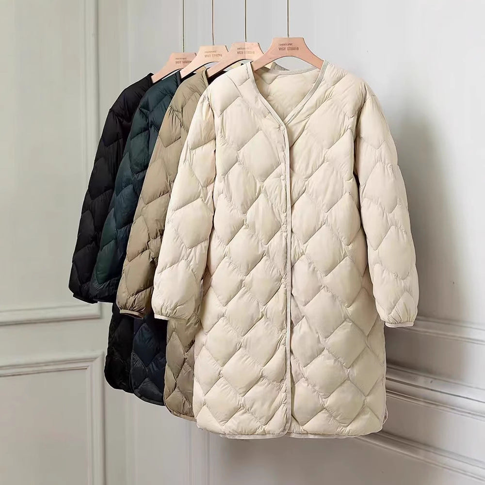 Women's Elegant Long Coat in Quilted Down Look with Diamond Quilting and Concealed Snap Button Placket Mune Fashion