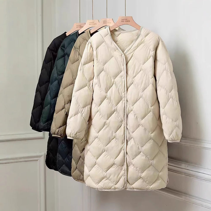 Women's Elegant Long Coat in Quilted Down Look with Diamond Quilting and Concealed Snap Button Placket Mune Fashion