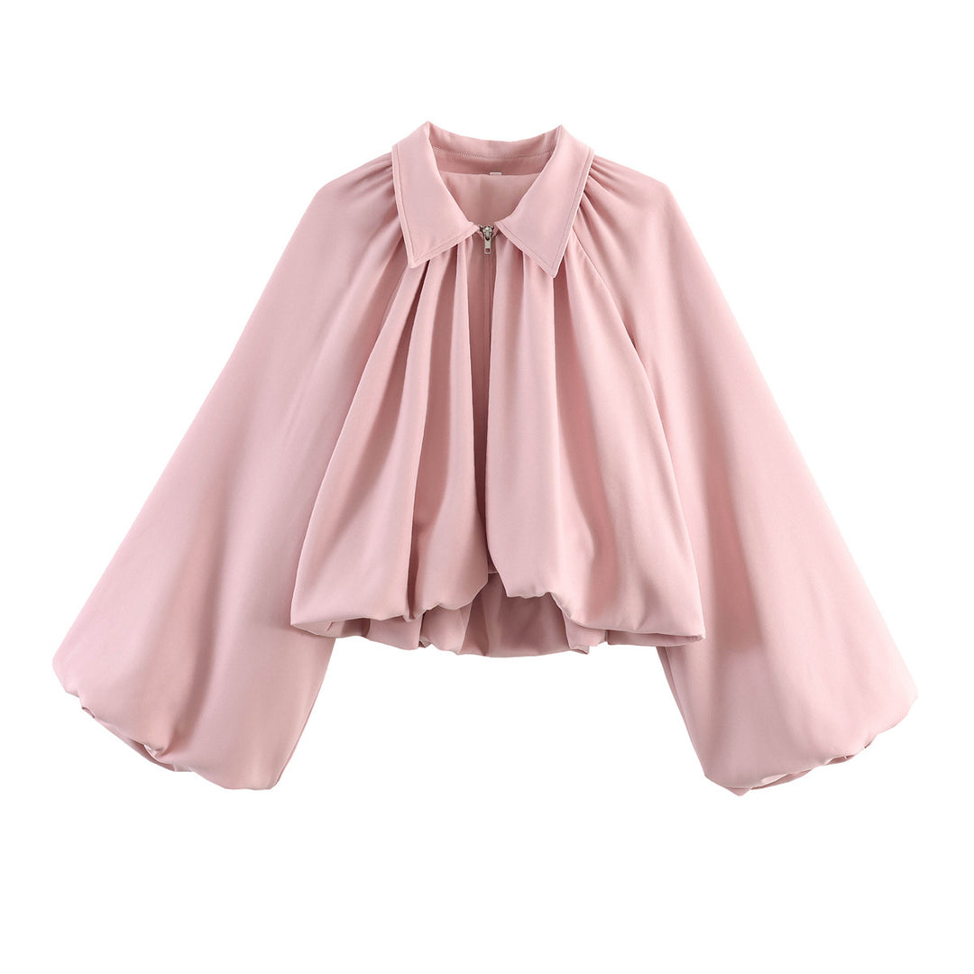 Women’s Short Cape Jacket with Voluminous Balloon Sleeves, Stand Collar and Zip Mune Fashion