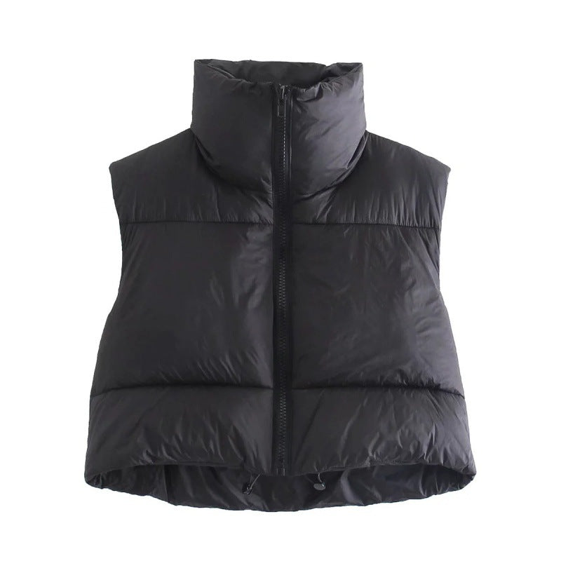 Women's short quilted vest with high stand-up collar, padded thermal filling, and adjustable drawstring hem Mune Fashion