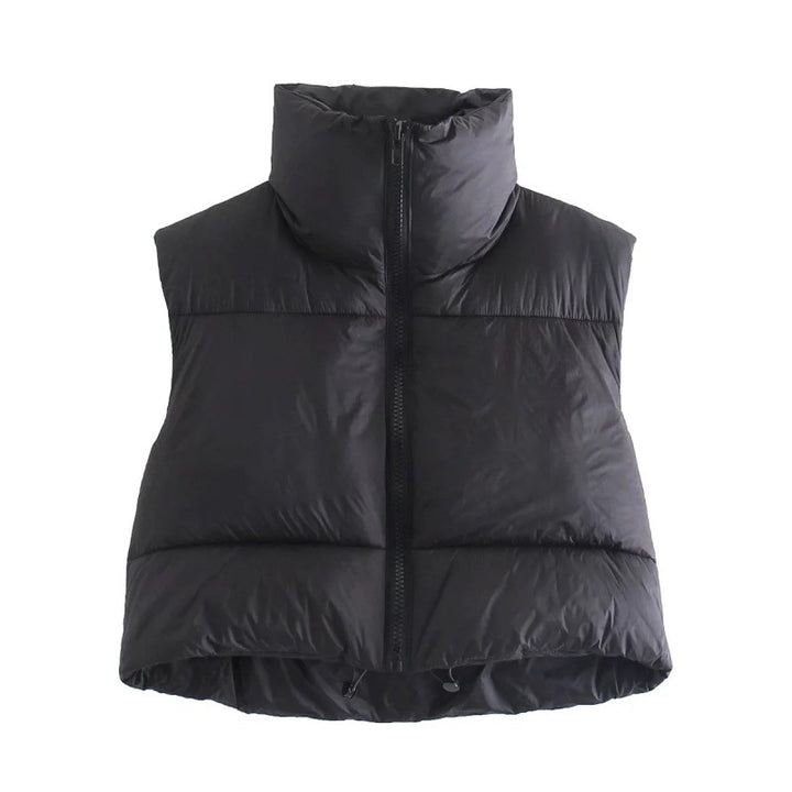 Women's short quilted vest with high stand-up collar, padded thermal filling, and adjustable drawstring hem Mune Fashion