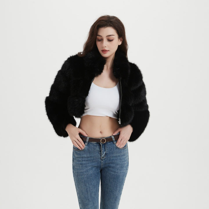 Women Cropped Faux Fur Jacket with Horizontal Volume Panels, Stand-Up Lapel Collar and Zipper Mune Fashion