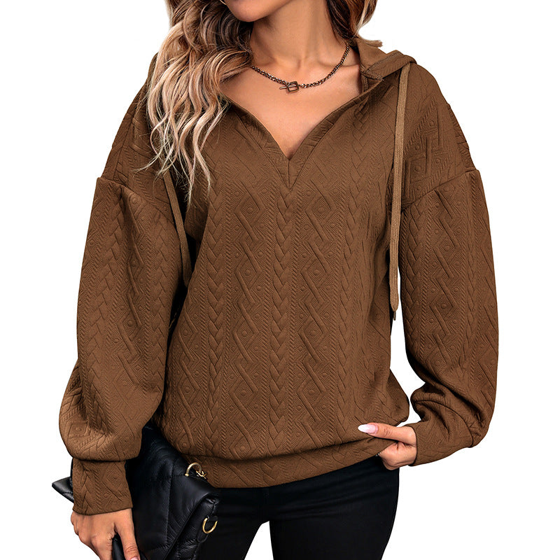 Women's Structured Cable Knit Hooded Sweatshirt with V-Neck and Balloon Sleeves Mune Fashion