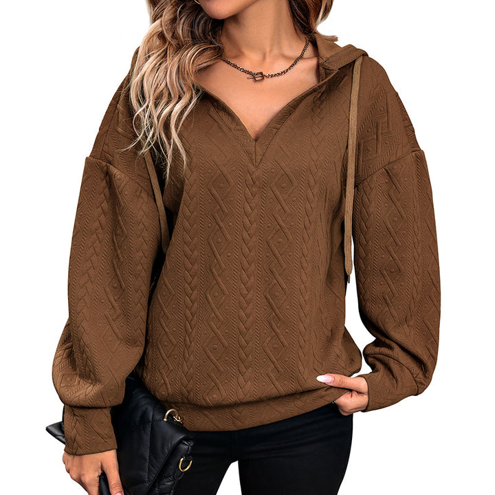 Women's Structured Cable Knit Hooded Sweatshirt with V-Neck and Balloon Sleeves Mune Fashion