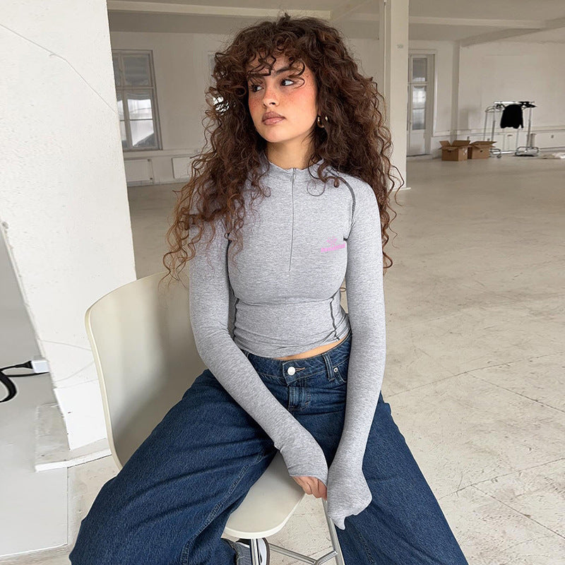 Women's sporty fitted long-sleeve performance shirt with short front zipper Mune Fashion