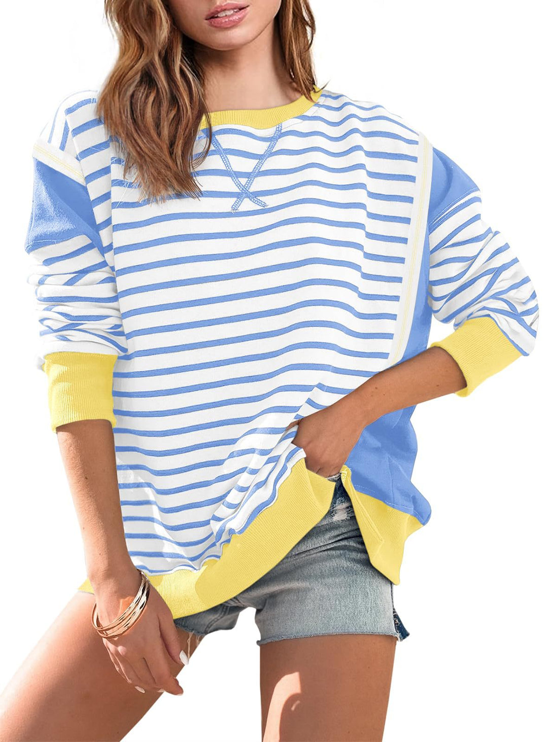 Women's oversized sweatshirt in marine look with stripes, raglan sleeves and ribbed cuffs Mune Fashion