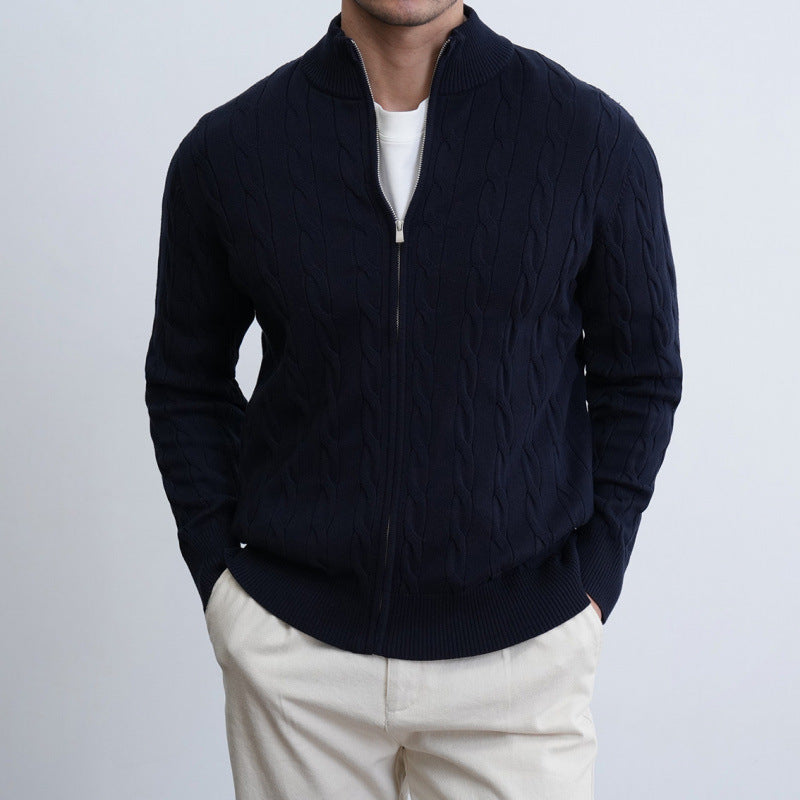 Men's Fine Cable Knit Half-Zip Cardigan with Ribbed Collar and Silver Zipper Mune Fashion