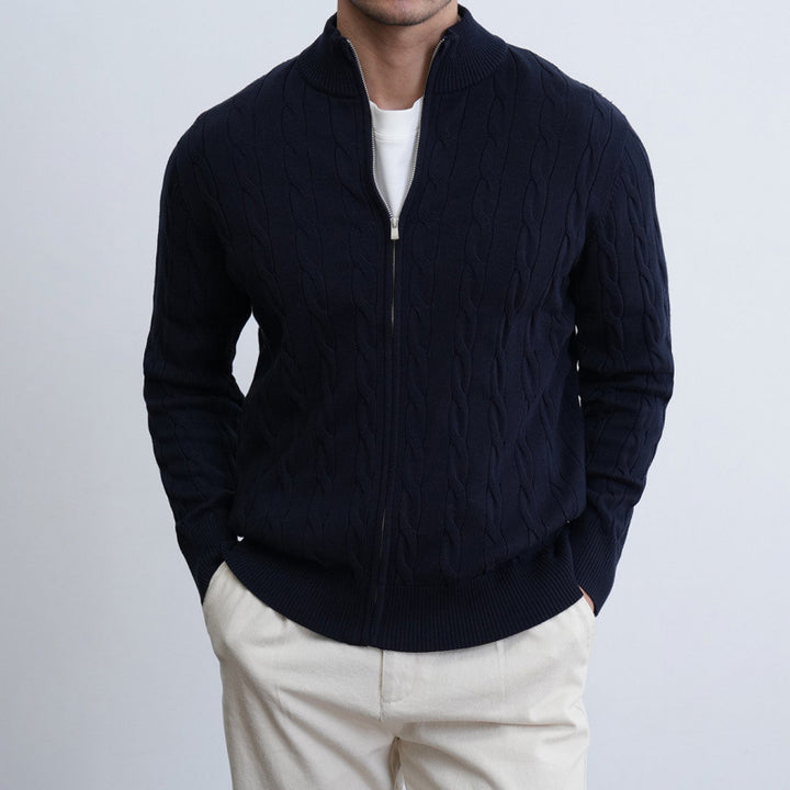 Men's Fine Cable Knit Half-Zip Cardigan with Ribbed Collar and Silver Zipper Mune Fashion