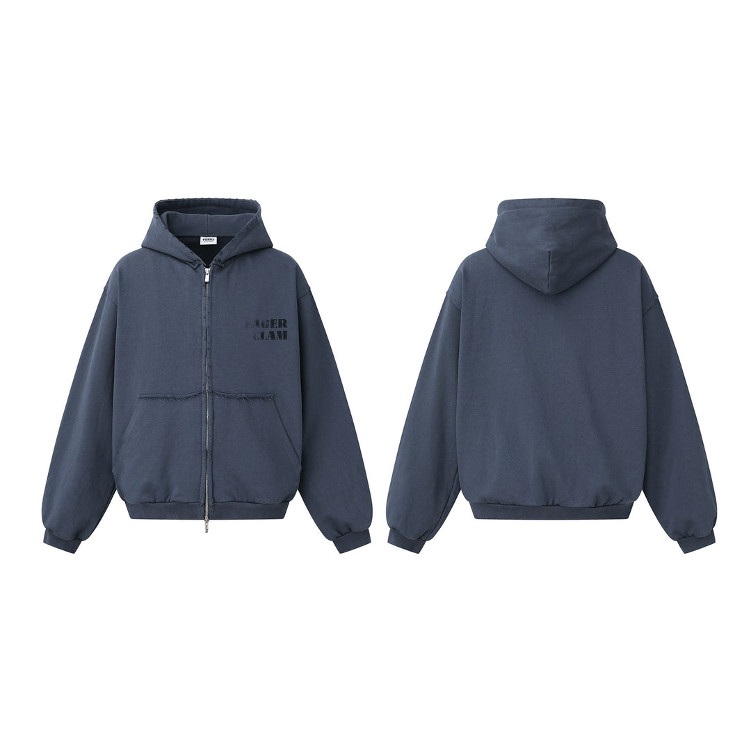 Unisex Oversized Zip-Hoodie in Boxy-Cut with frayed hem edges and kangaroo pocket Mune Fashion