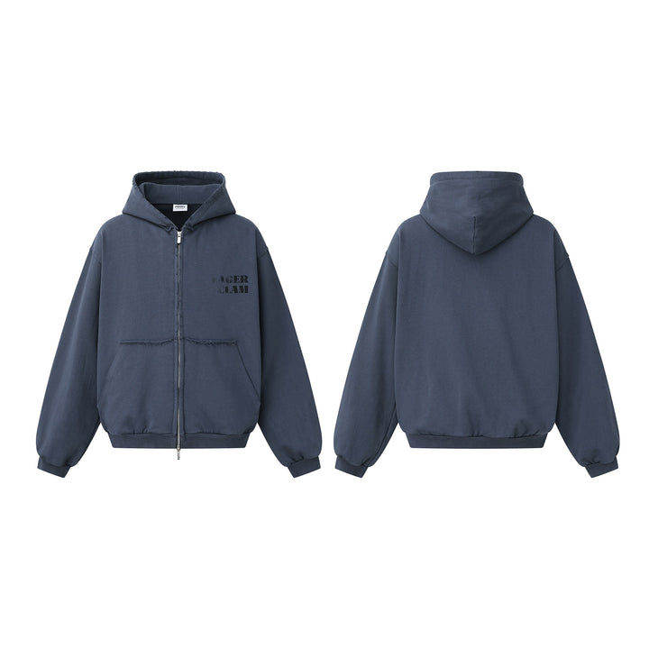 Unisex Oversized Zip-Hoodie in Boxy-Cut with frayed hem edges and kangaroo pocket Mune Fashion