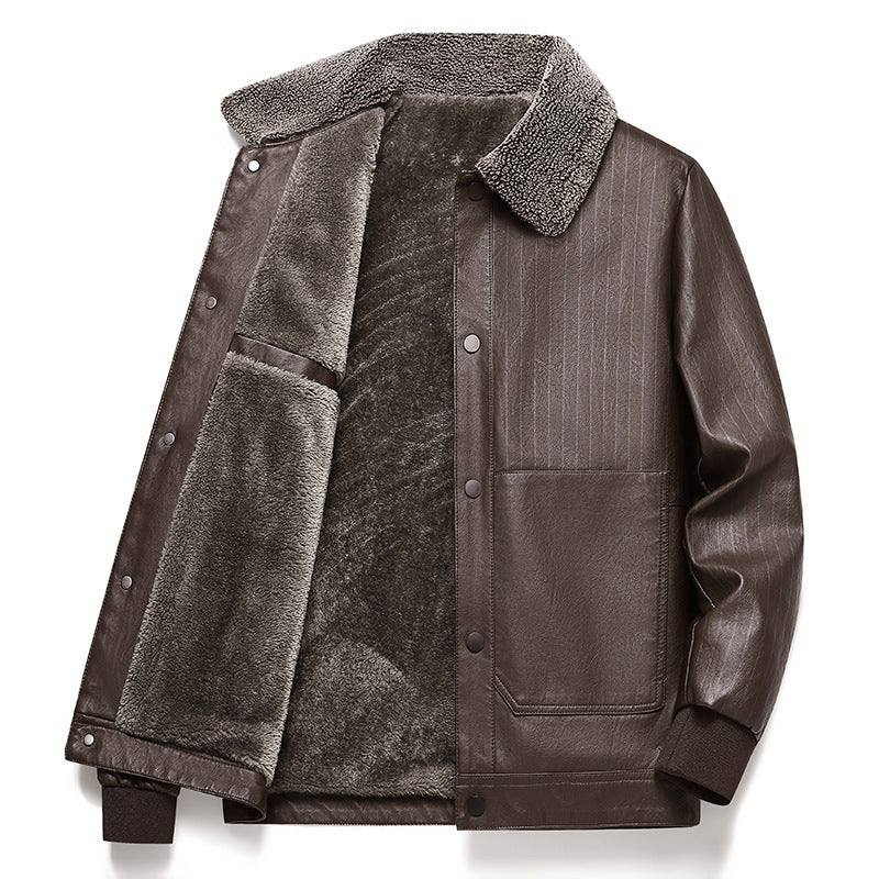 Men's Faux Leather Blouson with Sherpa Collar, Warm Teddy Lining and Pinstripe Detail Mune Fashion