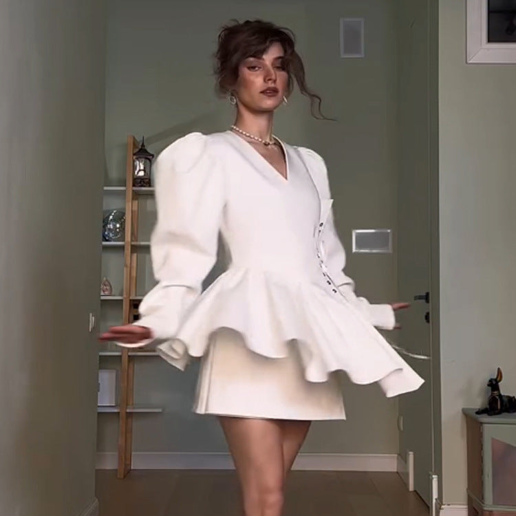 Women's mini dress with ruffle peplum, puff sleeves, and tailored silhouette Mune Fashion