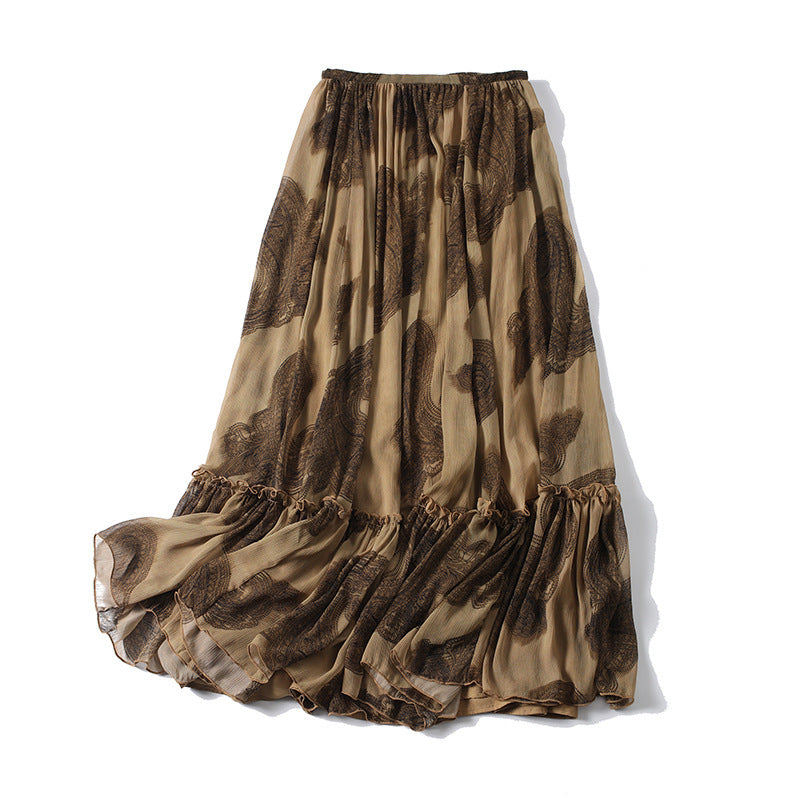 Women's maxi skirt made of chiffon with pleats, elastic waistband, and ruffled hem Mune Fashion